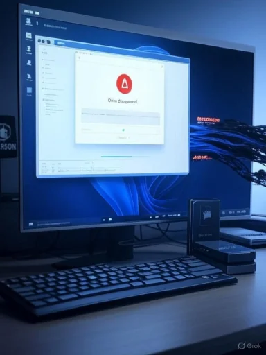 Blue-lit desk setup with a large monitor, keyboard, and external drive showing an error dialog.