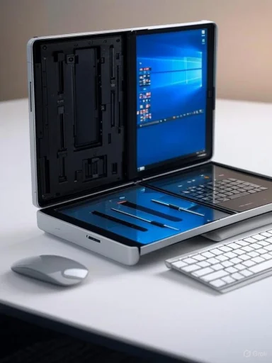 An open laptop reveals a built-in tool tray beneath the screen, Windows desktop visible.