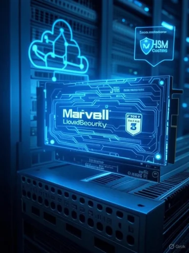 Blue holographic server rack showing a Marvell memory module with circuit patterns and a cloud icon.