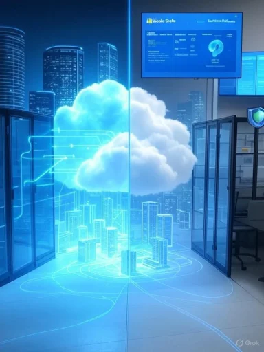 Futuristic data center with a holographic cloud above a digital city model.