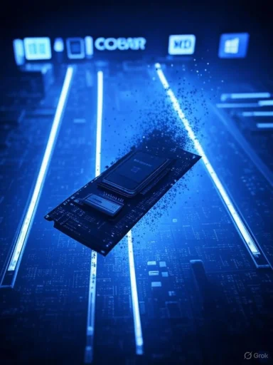 A blue-lit motherboard with a slim SSD hovering above glowing circuit lines.