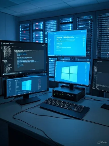 Blue-lit data center with multiple screens displaying code and Windows.