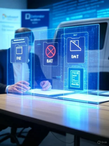 Blue holographic panels float above a desk, displaying file icons in a tech booth.
