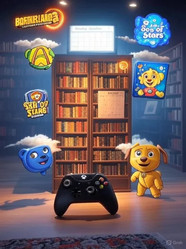 Colorful cartoon animals float around a wooden bookshelf, with a game controller in the foreground.