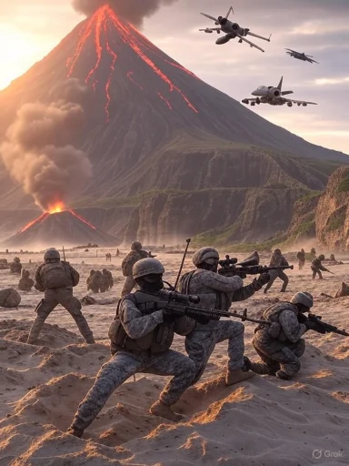 Soldiers advance on a dusty beach as a volcanic eruption spews lava and jets fly overhead.