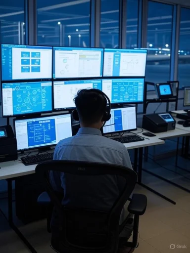 A technician with a headset monitors multiple screens in a blue-lit control room.