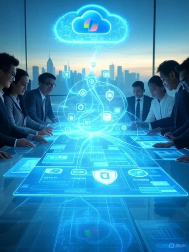 Business professionals around a glowing holographic cloud computing table.