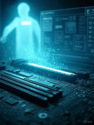 A blue holographic figure hovers above a glowing motherboard, speckled with particle sparks.