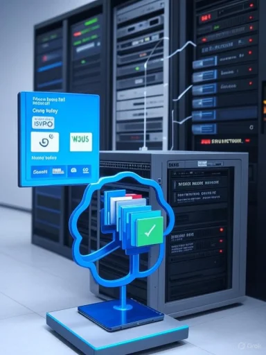 Blue cloud-shaped display with stacked data cards in a data center server room.