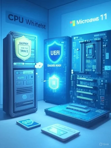 Blue-lit server room with a UEFI Secure Boot shield and a Windows 11 projection.