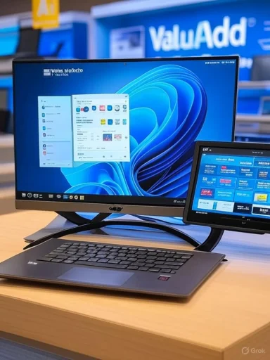 Laptop connected to a curved external monitor with a secondary screen on a wooden desk.