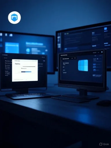 Dimly lit computer lab with multiple monitors displaying blue-themed interfaces.