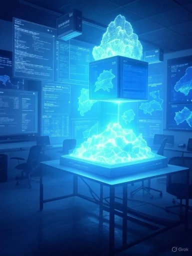 Glowing blue holographic data clouds rise from a central console in a control room.