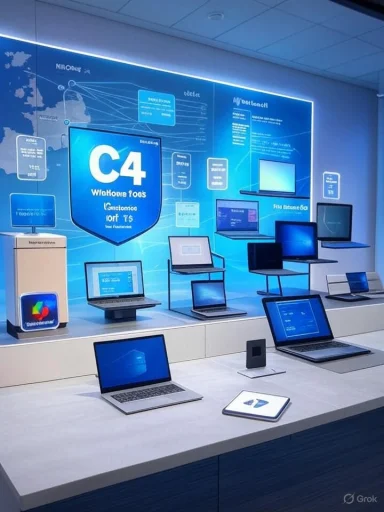 A blue-lit tech showroom with multiple laptops on display.