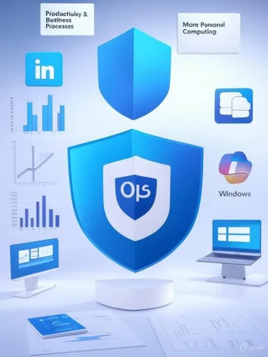 A digital security concept with blue shields surrounded by devices and app icons.