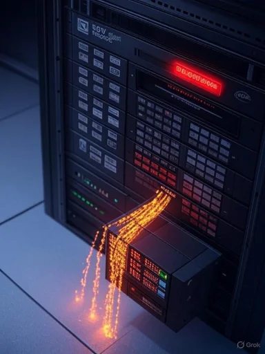 A server rack glows with a red diagnostic light as orange sparks cascade from a drive module.