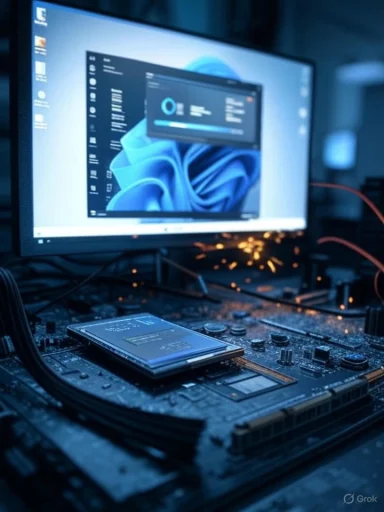 Close-up of a PC motherboard with an M.2 SSD, connected to a monitor displaying software UI.