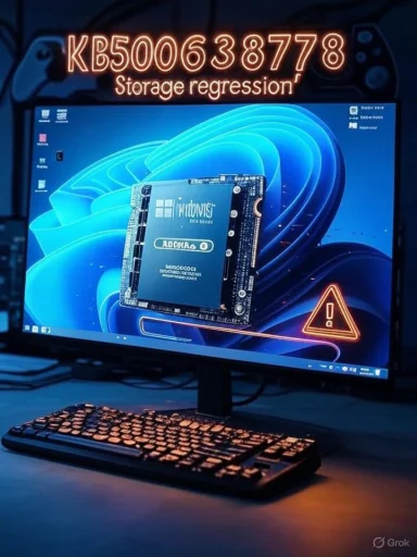 Monitor displays a floating NVMe SSD over the Windows desktop with a storage regression warning.
