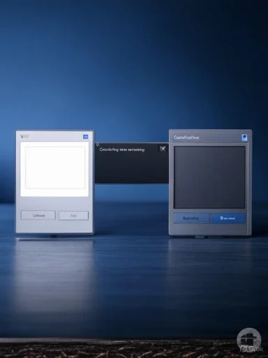 Two retro, window-like panels connected by a dark strip against a blue gradient backdrop.
