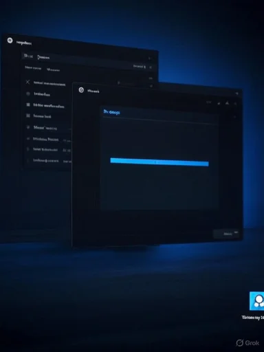 Dark blue desktop with layered app windows and a blue progress bar.