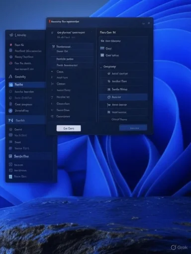 Three dark, menu-style windows floating over a blue abstract wallpaper.