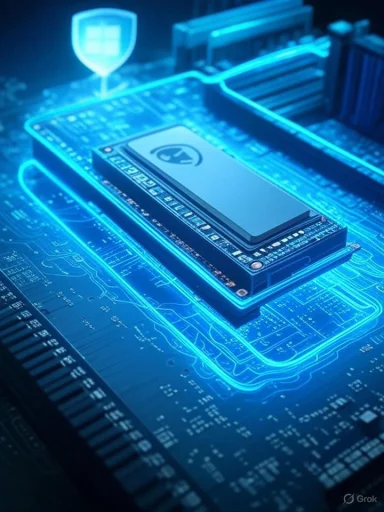 A neon-blue motherboard with an NVMe SSD module and glowing circuitry, beside a shield icon.