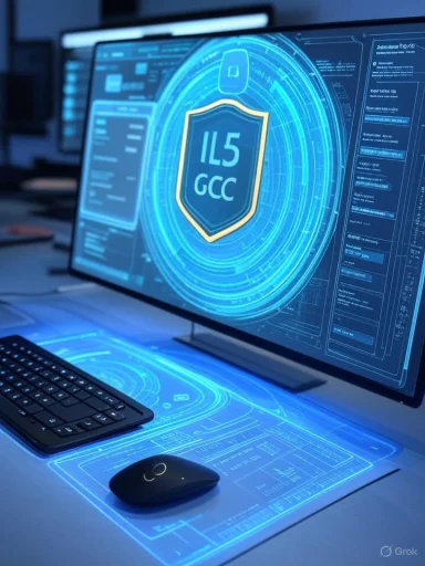 Futuristic cybersecurity dashboard with a glowing blue shield on the monitor.
