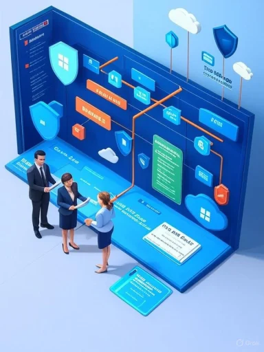 Three professionals discuss a 3D cybersecurity network diagram with shields, clouds, and data routes.