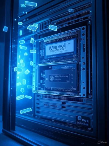 Blue-tinted server rack featuring a Marvell storage module and floating holographic data icons.