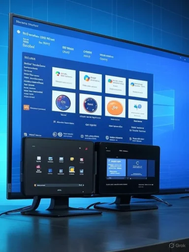 A large screen shows a Windows-like dashboard, with two tablet screens in front on a blue desk.