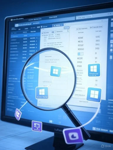 A magnifying glass over a blue Windows-style dashboard displayed on a computer monitor.