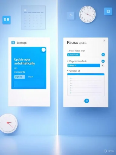 Two UI mockups hanging on a blue wall, showing auto-update settings and a pause list.