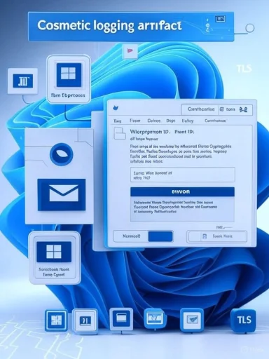 A blue Windows-like desktop with floating UI panels and a banner reading “Cosmetic logging artifact.”