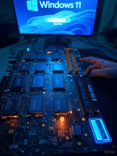 Close-up of a motherboard with a Windows 11 loading screen on the monitor.