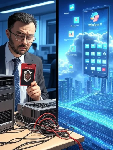 A suited IT tech inspects a badge beside a server rack and a futuristic Windows 11 holographic display.