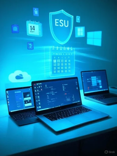 Three laptops glow blue as a holographic ESU shield and icons float above.