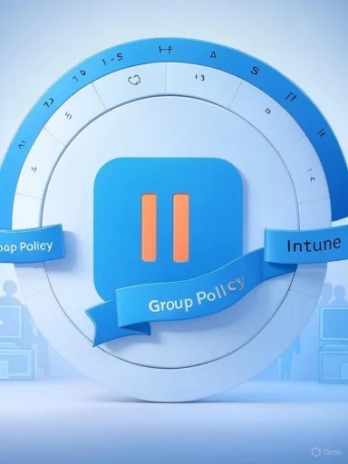A blue circular dial features a pause icon with banners reading 'Group Policy' and 'Intune'.
