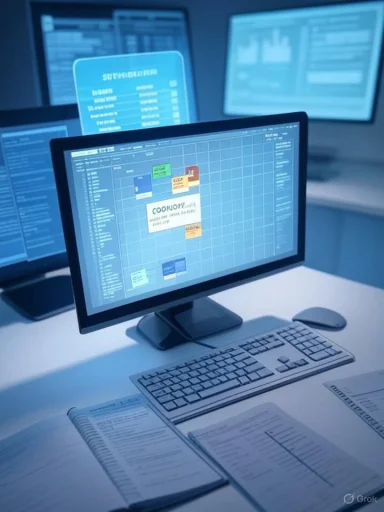 Desk setup with a monitor displaying a grid-style dashboard and colorful sticky notes.