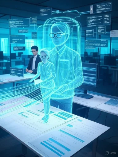 A blue holographic projection of two researchers standing over data charts in a futuristic office.