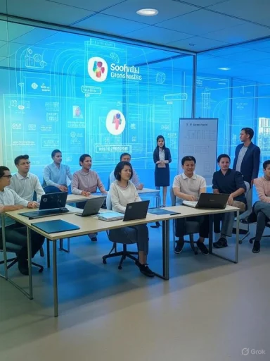 A diverse group of professionals sits with laptops in a modern blue-glass conference room.