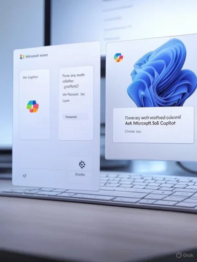 Two floating holographic screens display a Windows-style UI above a keyboard.