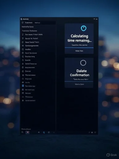 A dark computer screen shows a software installer with a “Calculating time remaining” panel and a confirmation tile.
