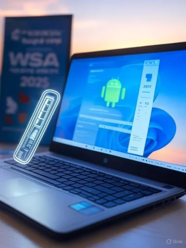 Laptop screen shows Android UI with a neon USB outline beside a blurred conference banner.