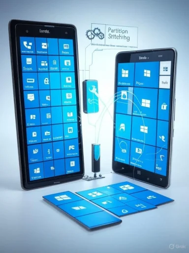 Two tall smartphones display Windows-style blue tile UI, with several tiles laid flat in front.