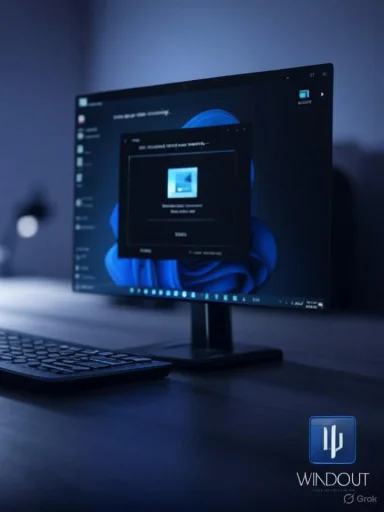 A sleek monitor and keyboard sit on a dark desk bathed in cool blue light.