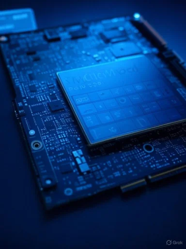 Blue-tinted macro shot of a motherboard with a central processor chip.