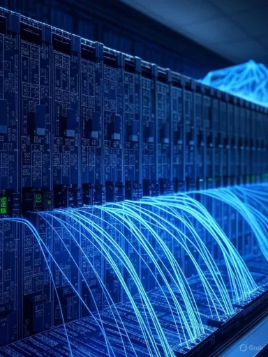 A data center with rows of server racks and glowing blue fiber optic cables.