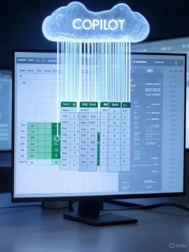 A computer monitor shows a complex spreadsheet with a glowing cloud labeled COPILOT above.