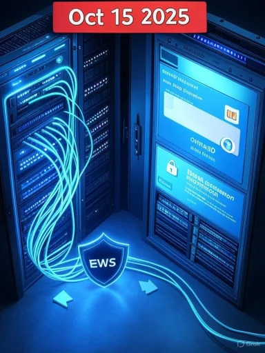 A data center with glowing blue cables and servers, guarded by an EWS shield.