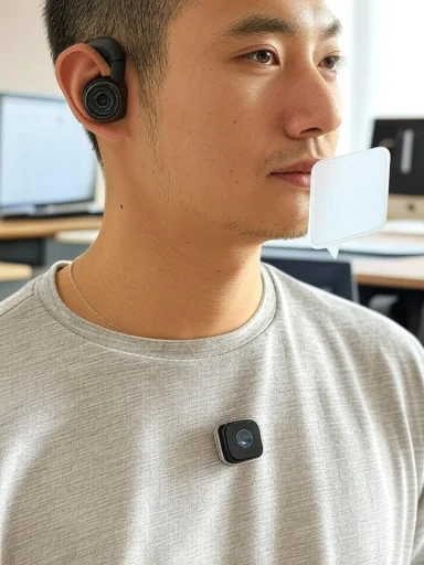 Man wearing a small square camera on his chest and a wireless earbud in his ear.